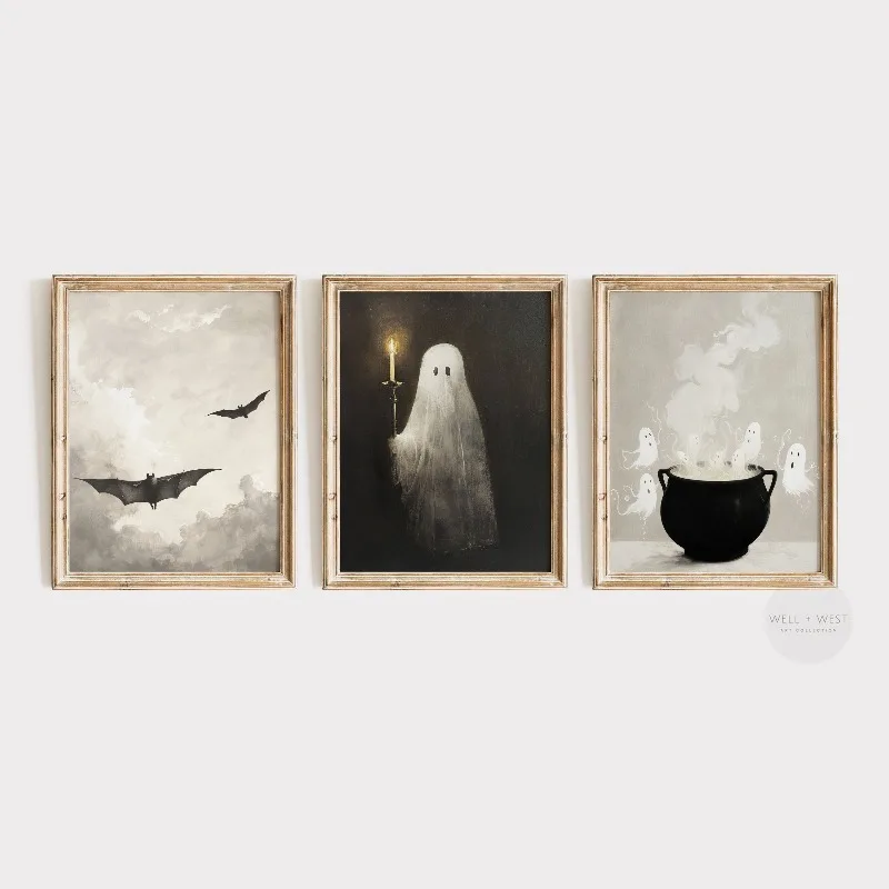 3pcs frameless Canvas Painting Halloween Wall Art Prints Spooky Ghost Bat Cauldron Vintage Poster Home Decor, Suitable for Hallo