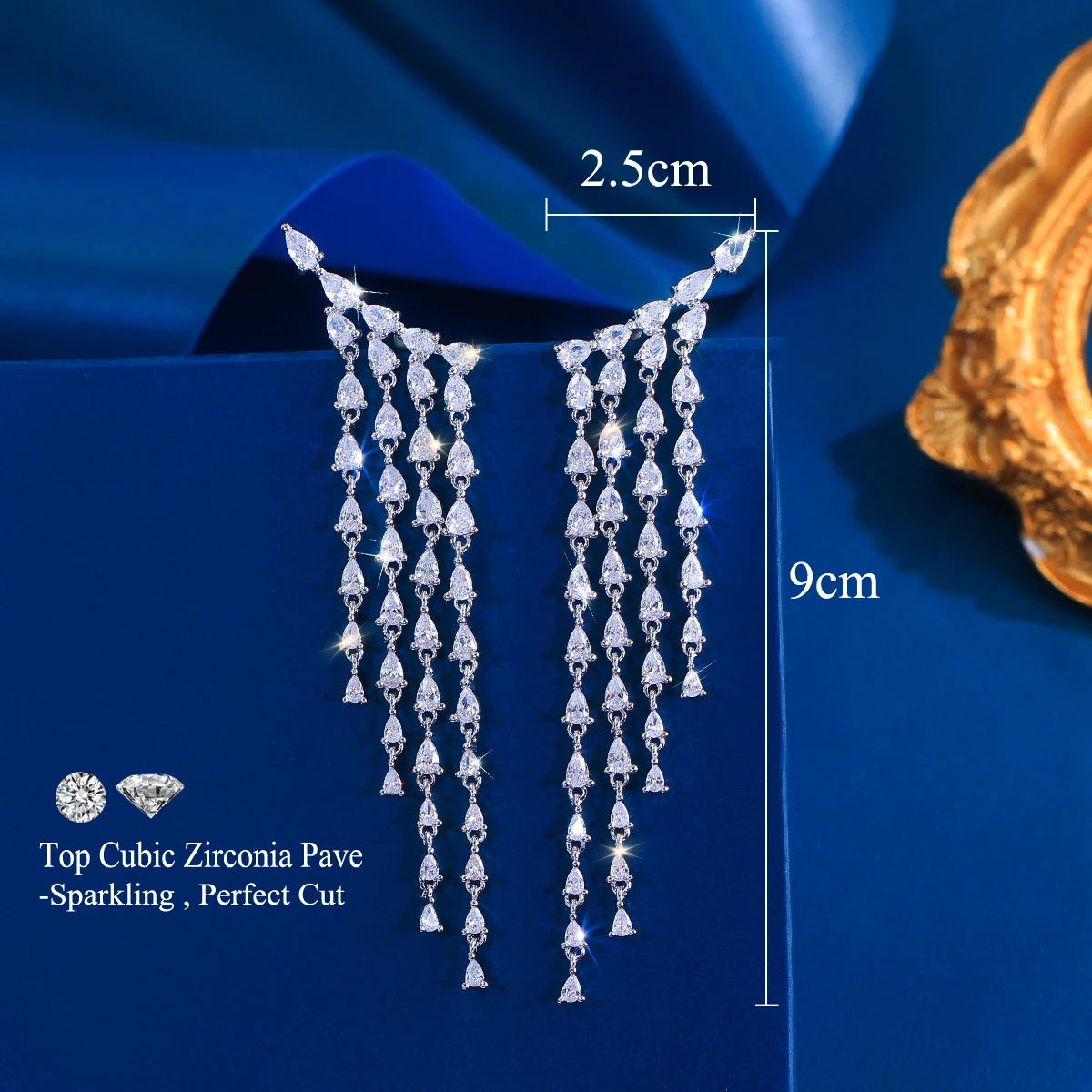 CWWZircons Luxuriöse Glänzende CZ-Quasten-Wassertropfen-Cluster Lange Hängeohrringe für Damen, Brautschmuck, Hochzeitsschmuck, Party-Schmuck, Großhandel E1179 – Detail 3