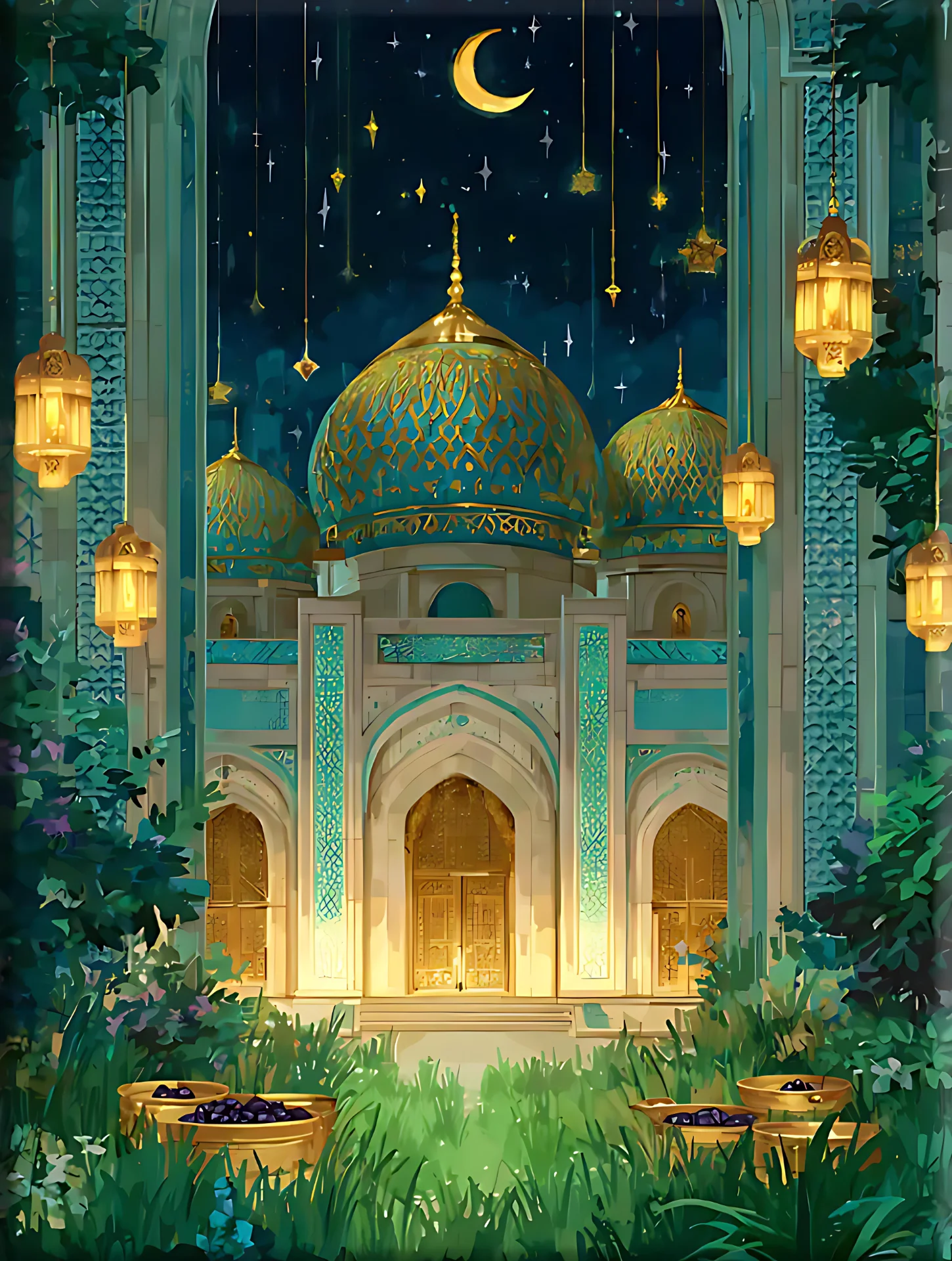 Ramadan Moschee Nacht Metall-Blechschild - Islamisches Kunstposter mit Halbmond & Laternen für Muslimisches Zuhause, Eid-Dekoration
