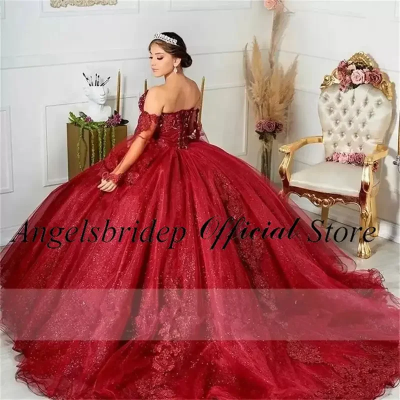 Vestidos De Quinceañera De tul con purpurina, mangas abullonadas, apliques, tren De corte, Vestidos De fiesta De cumpleaños, Sexy, 15 años