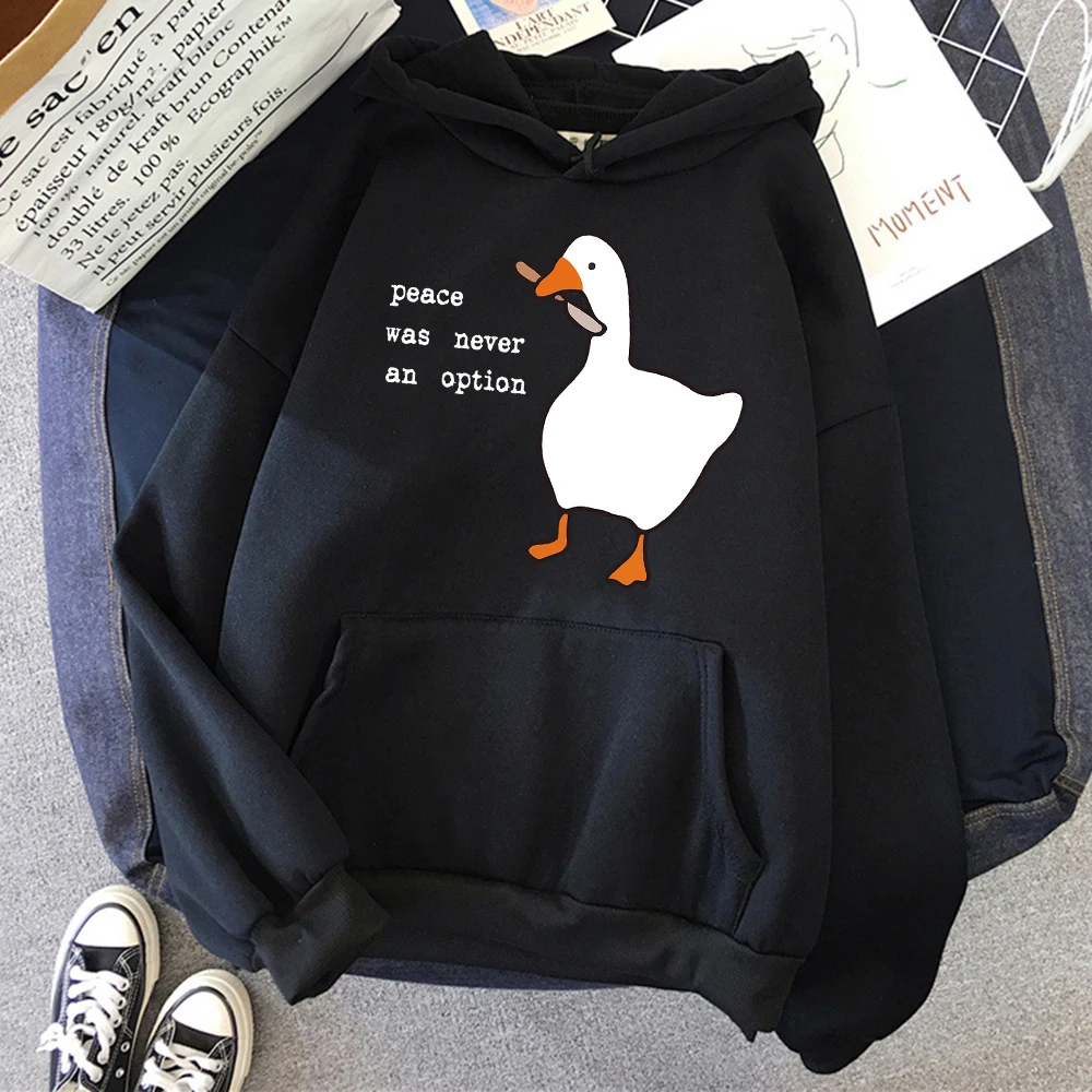 Peace Was Never An Option Goose Print Women Clothing Fashion Oversized Sweatshirt Hoody Creativity Street Pocket Womens Hoodies