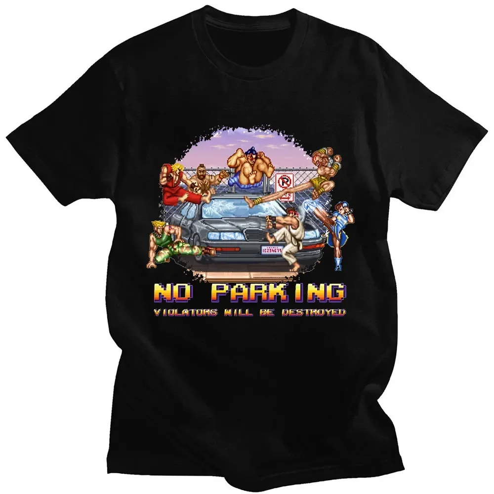 STREET Arcade Games Tees Oversized Casual Cotton Short Sleeve No Parking Violators Will Be Destroyed   T Shirt FIGHTER