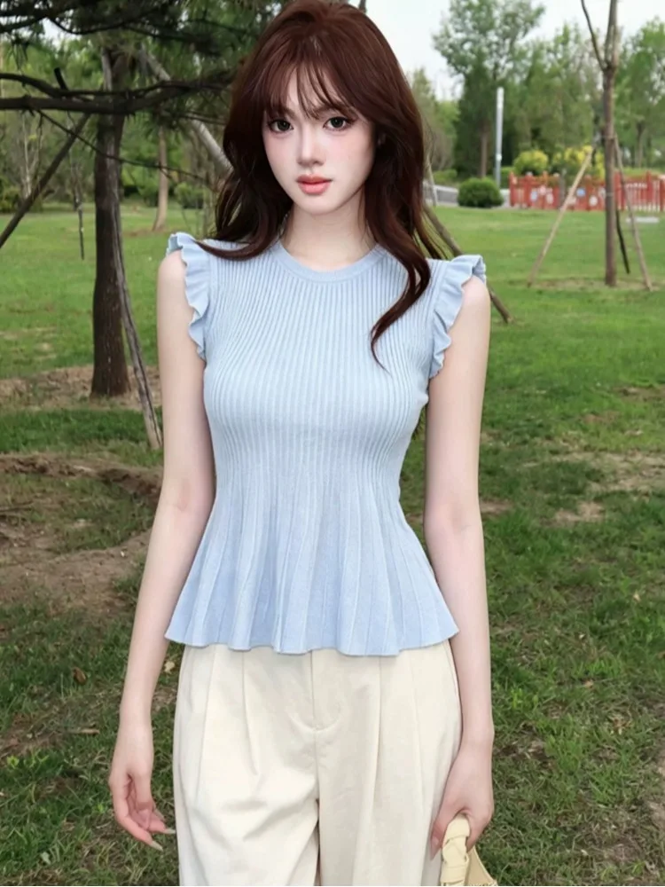 Slim Fit Knitted Sleeveless Vest Women's Summer New Style Beautiful Waist-Cinching  Girl Feeling Lovely Top with Lace 