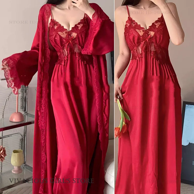 Sexy Female Long Robe Nightgown Set Silky Satin Kimono Bathrobe Gown Loungewear Patchwork Lace Night Dress Lingerie Sleepwear