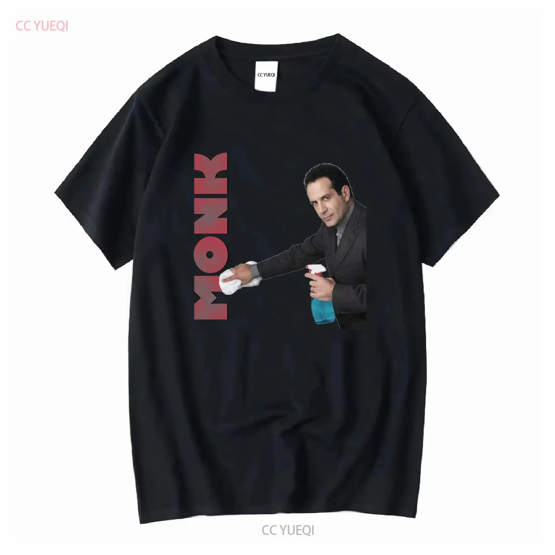 تي شيرت Monk Clean Up للرجال مرخص للبرنامج التلفزيوني الكلاسيكي Adrian White عتيق مغسول ملابس الشارع رسومات أنيقة ممتدة قليلاً #1