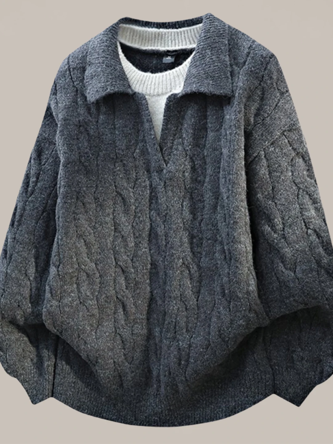 

Мужской вязаный свитер свободного кроя с воротником из флиса и узором косы, теплый, зимний трикотаж