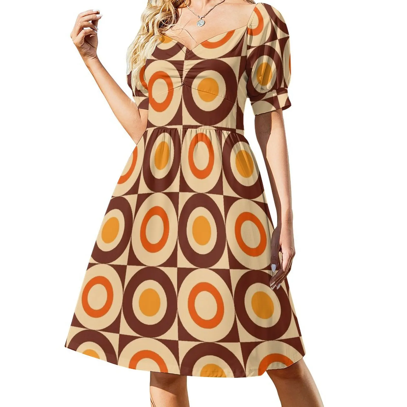 70s Retro Vintage Style Geometric Design Brown Orange Yellow and Beige Short Sleeved Dress dresses for woman 2025 Dress