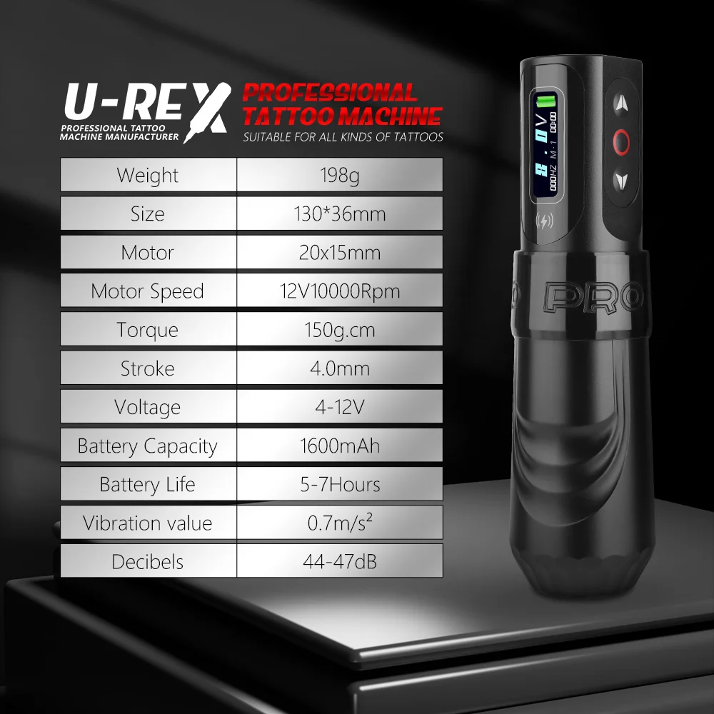 Tattoo Kit T-Rex Tattoo Pen Machine Gun with 2 Replaceable Batteries, Rotating Coreless Tattoo Motor, Digital Voltage Display