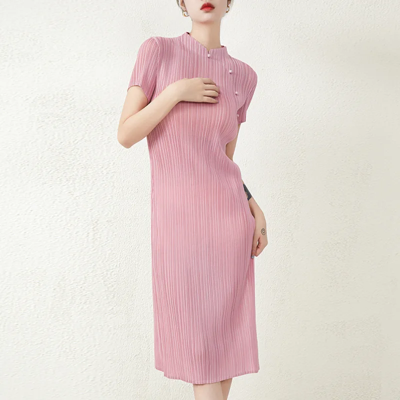 

Miyake Pleated Dress Summer Women New Round Neck Short Sleeve Simple Solid Color Stretchable Slimming Vintage Dresses