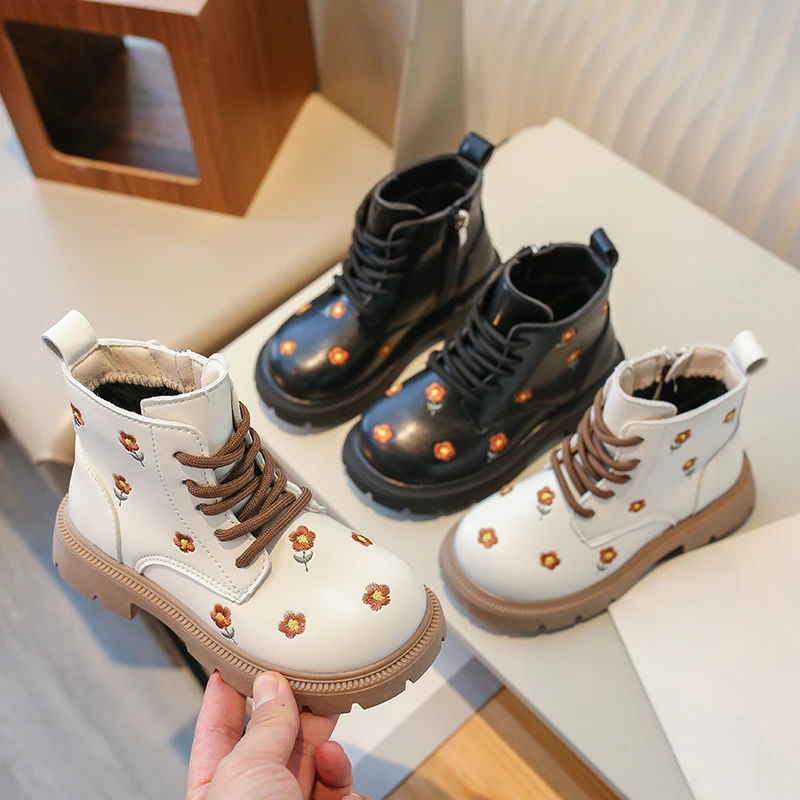 Children\'s Autumn Boots Fashion Black Ankle Boot for Girl PU Leather Elegant Embroidery Flower Causal Kids Shoes Side Zipper