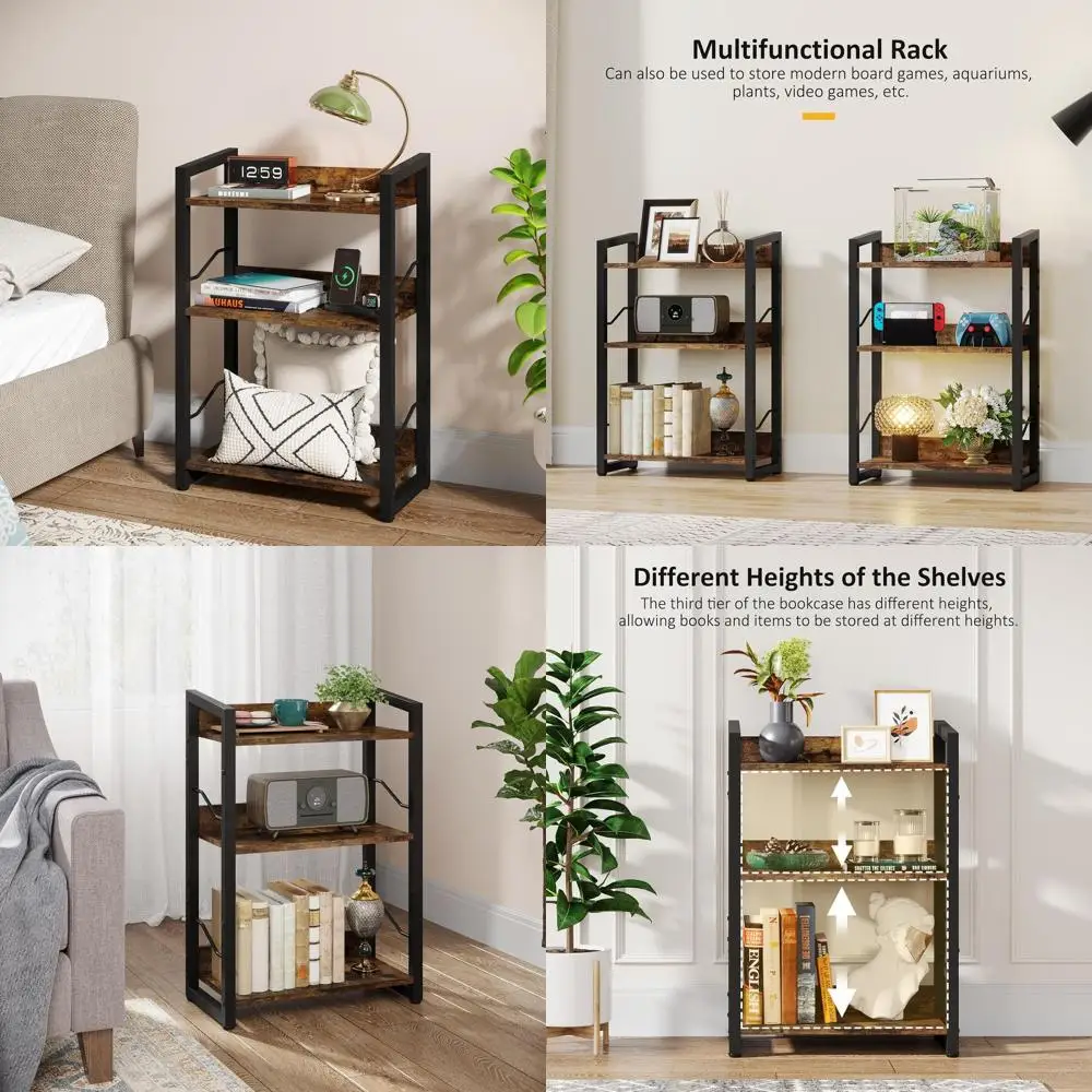 

3-Tier Wooden Industrial Bookshelf with Edge Protection, Metal Frame, Narrow Design for Storage, Display, and Organization in Ru