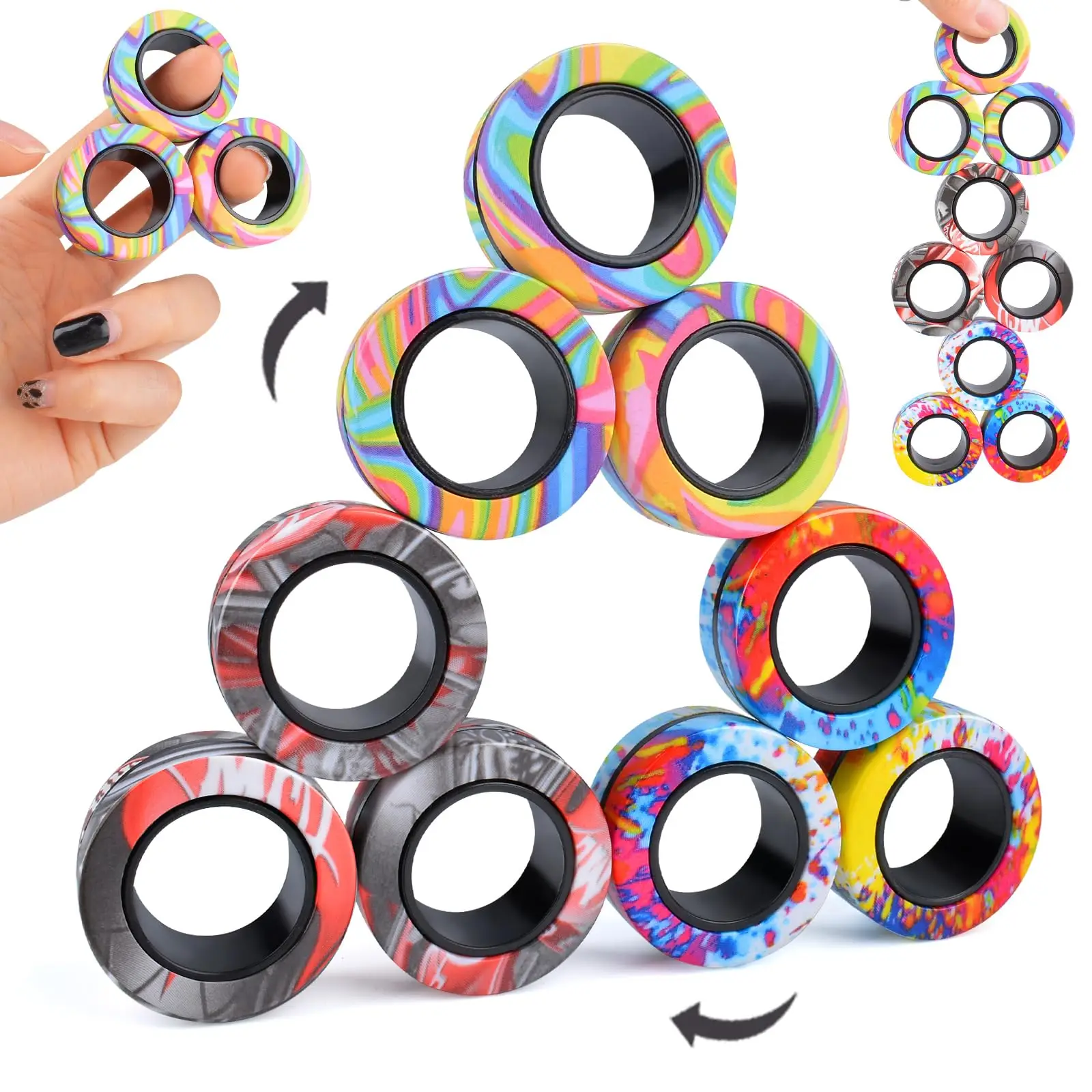 Sell Well 3PC Stress Reduction Magnetic Ring Toy, Color Ring Toy, ADHD Anxiety Relief Stress Reduction Ring Holiday Gift