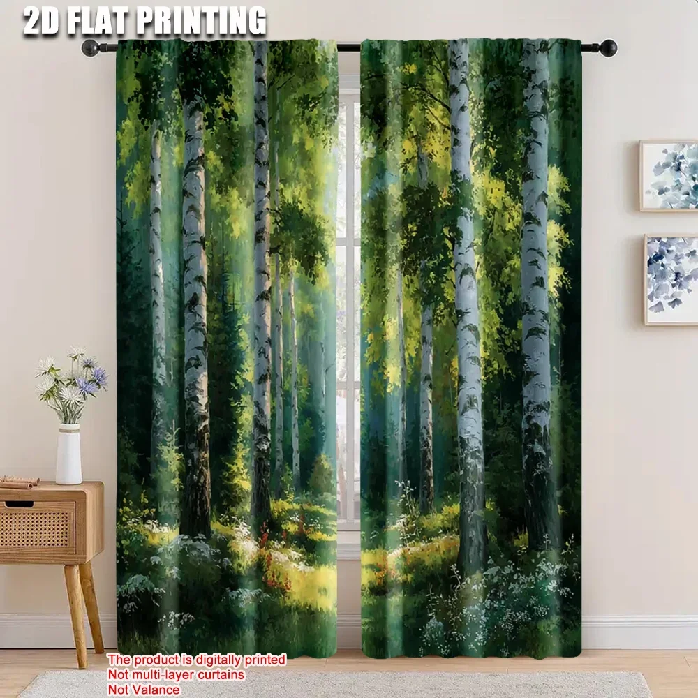 2pcs Digital Print Forest Nature Curtains Pair Woodland Birch Tree Green Photo Curtain for Living Room Window Decor
