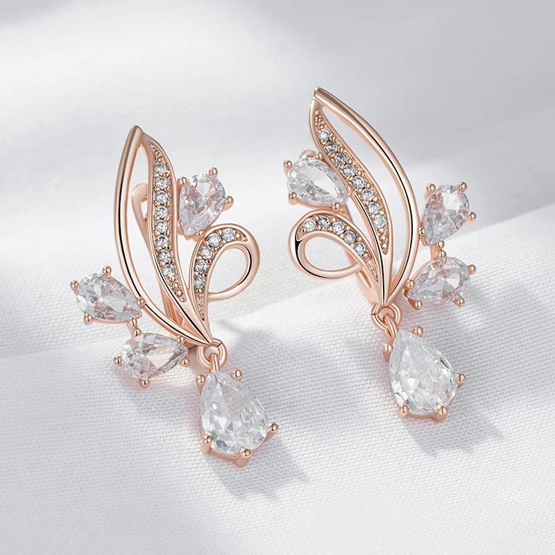 Kinel Hot Shiny Natural Zircon Flower Long Drop Earrings For Women Fashion 585 Rose Gold Color Ethnic Bridal Wedding Jewelry