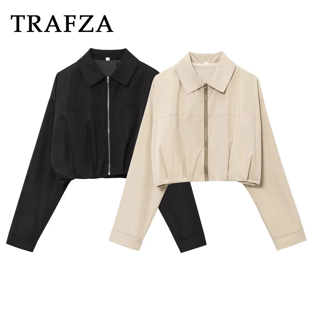 

TRAFZA Chic Spring Woman Short Jackets Zipper Black Streetwear Long Sleeve Pleated Jackets Casual Fashion 2025 Female Outwear