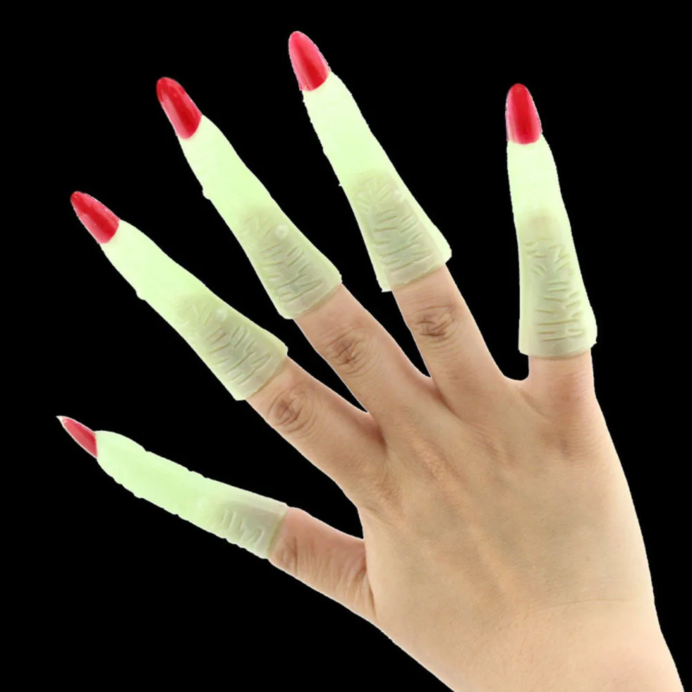 20 pçs luz noturna unhas halloween bruxa dedos falso assustador luminoso vermelho decorações brincadeira adereços unhas de bruxa