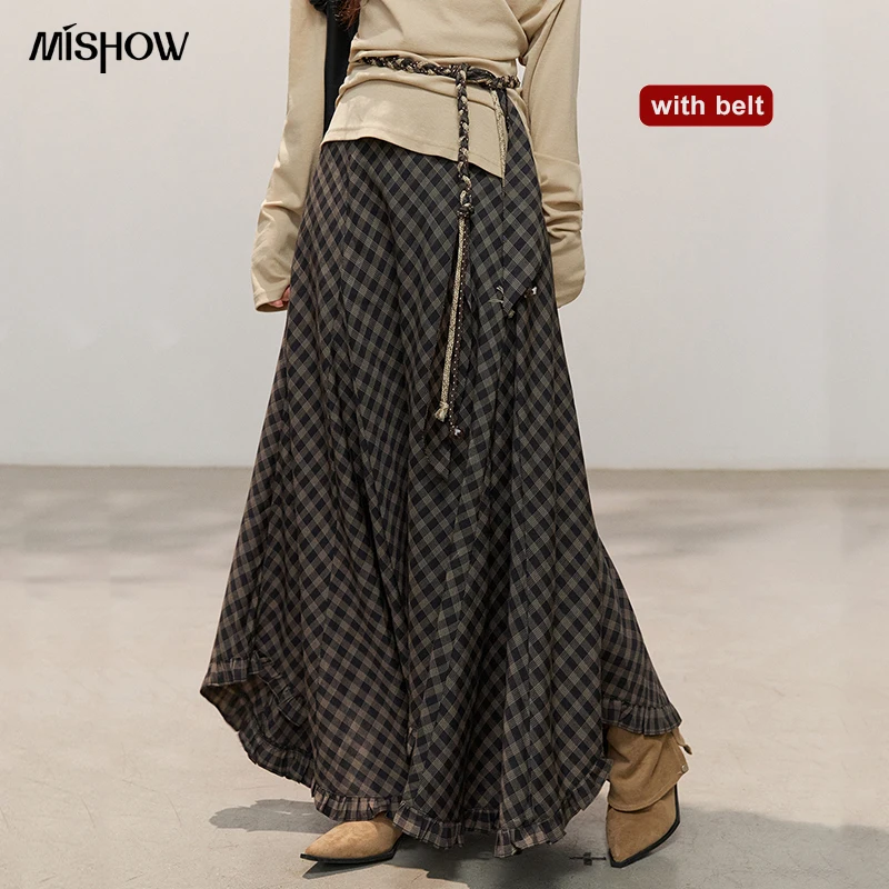 

Женская юбка MISHOW миди в клетку с оборками и поясом, летняя, 2026, с завышенной талией, А-силуэт, свободного кроя, винтажная, длинная, MXF14B2483