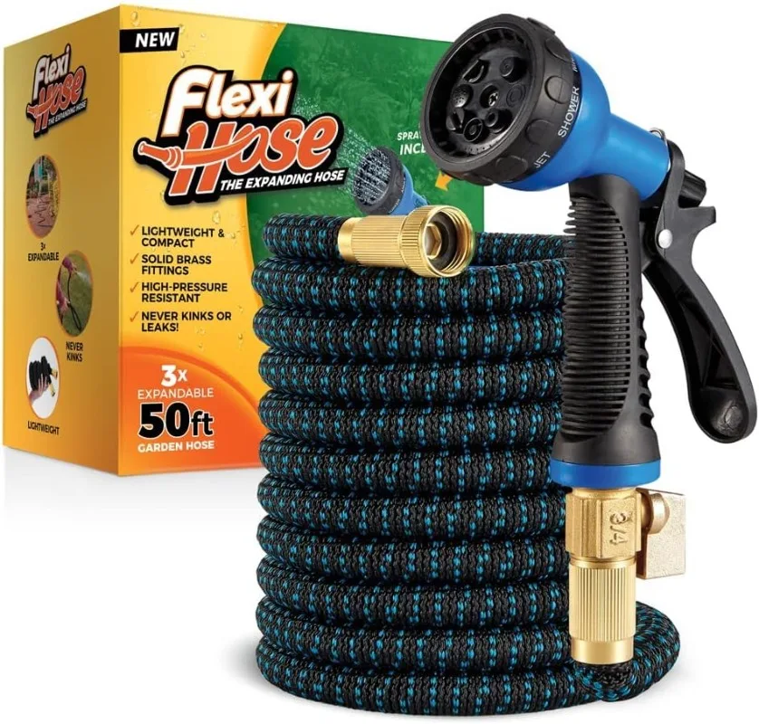 

Flexi Hose with 8 Function Nozzle Expandable Garden Hose, 3/4 inch Solid Brass Fittings and Double Latex Core, 50 ft Blue Black