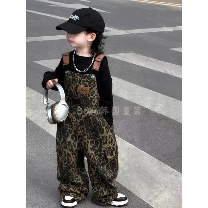 Boys' Autumn Clothing 2025 New Leopard Print Overalls Children's High-end Overalls Women's Girls Baby Fashionable Workwear Pants