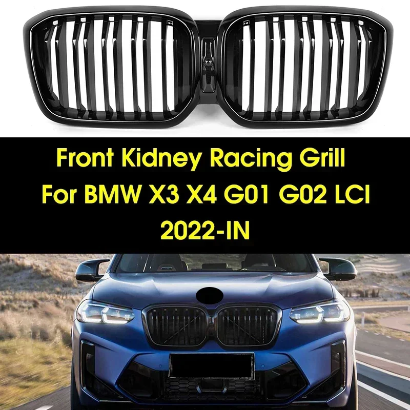 Dual Line Piano Black Front Bumper Kidney Hood Grille For BMW X3 X4 G01 G08 G02 2022-IN Replacement Racing Grills Car Styling