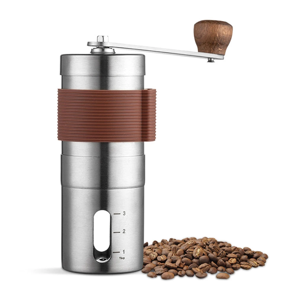 Manual Hand Coffee Grinder with Ceramic Burr Mill Adjustable Grind Stainless Steel Body Wood Holder Built to Last Portable