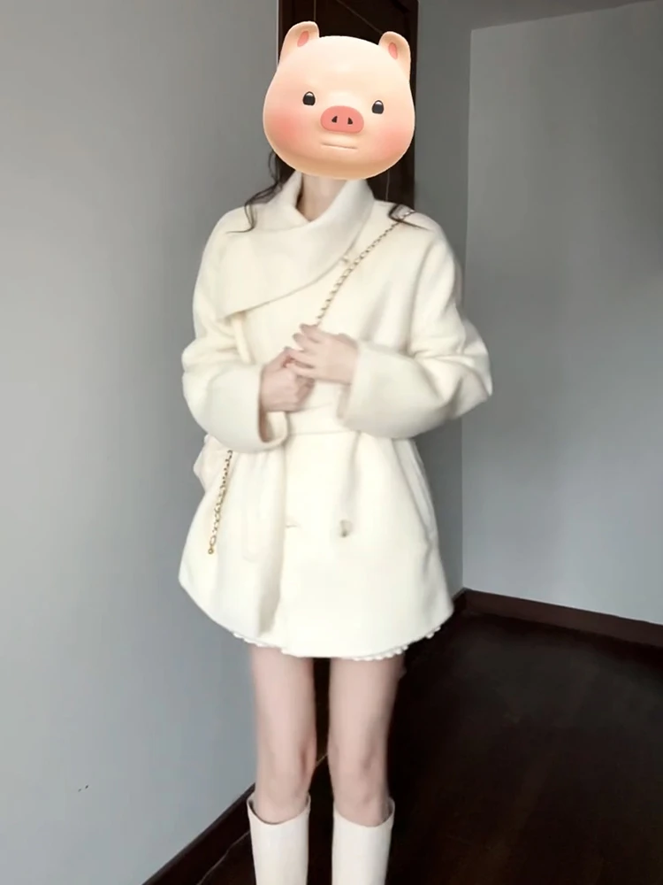 

Korean Sle Thiened Woolen Coat Women's Winter Faion ort Coat Sweet Sle Loose Fit Polyester Fiber Pure Color