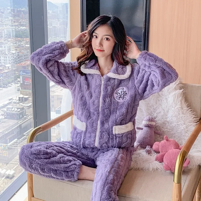 5XL Plus Size Winter Warm Velvet Sleepwear Women Pajamas Set Zipper Jacket Long Sleeve Pants Flannel Two-piece Suits Loungewear