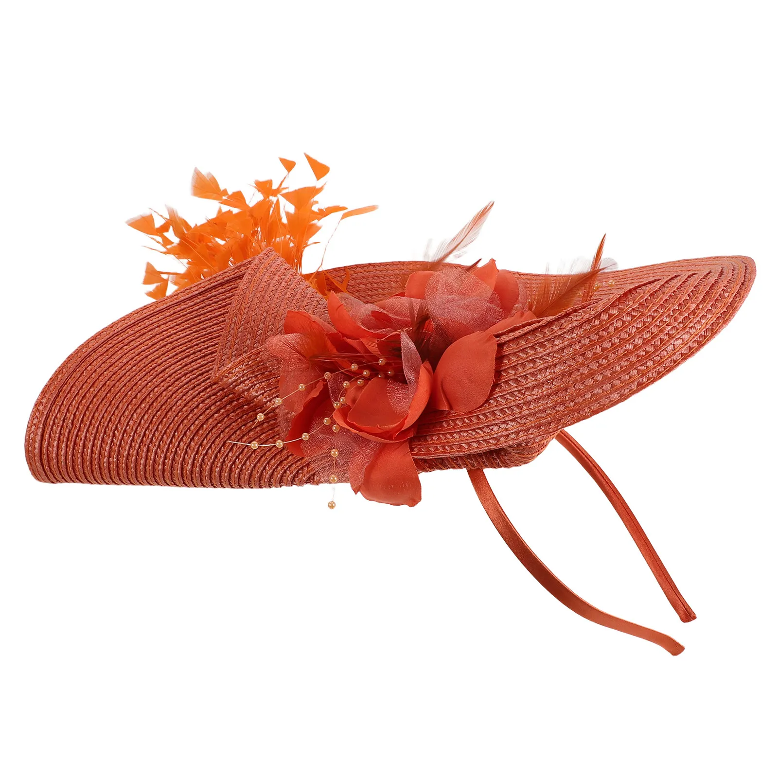 Exaggerated Orange Women Fascinator Hat Headband Vintage Tea Party Bridal Wedding Cocktail Floral Plume Party Outfit