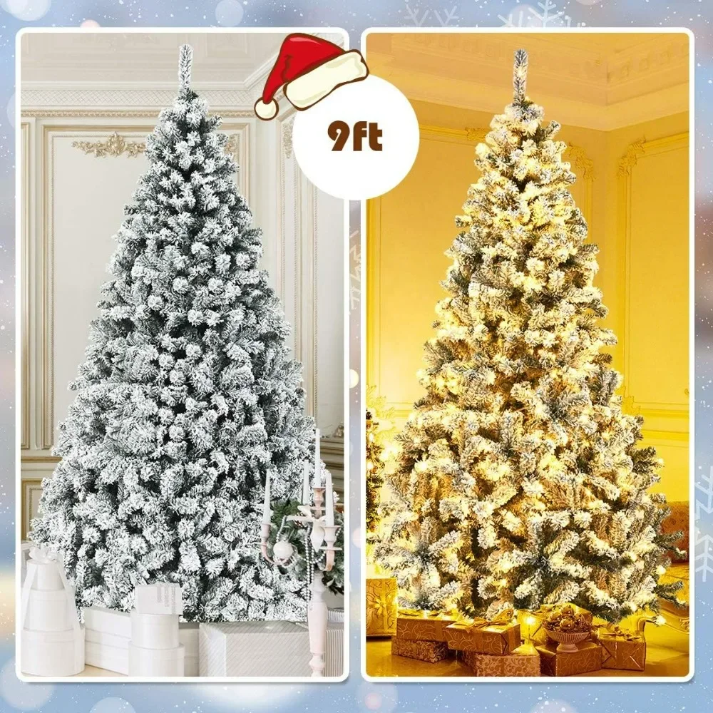 9ft Pre-Lit Christmas Tree, Premium PVC Snow Flocked Hinged Pine Tree with Metal Stand and LED Lights, Christmas Decoration