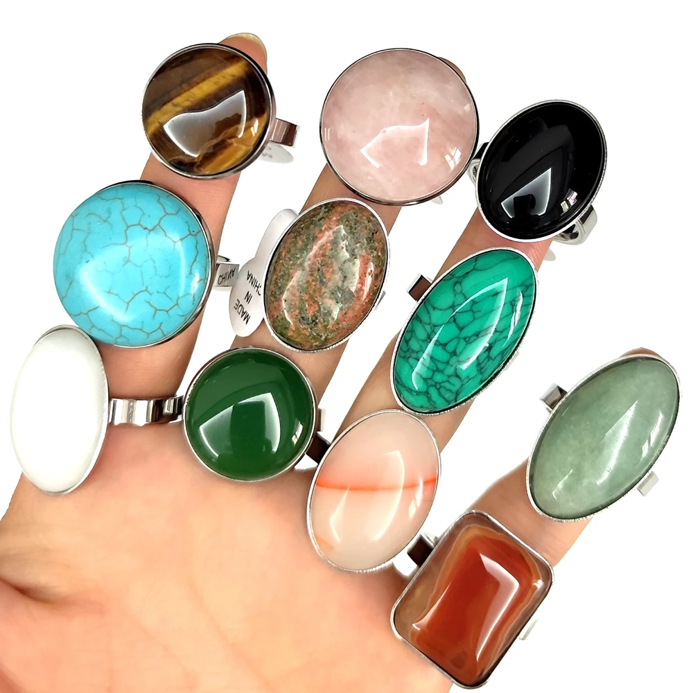 20 Stück/Los Großhandel Gemischte 316L Edelstahl Ringe mit Großen Natursteinen, Ovale und Quadratische Opal-Cabochon-Ringe, Party-Schmuck – Detail 8