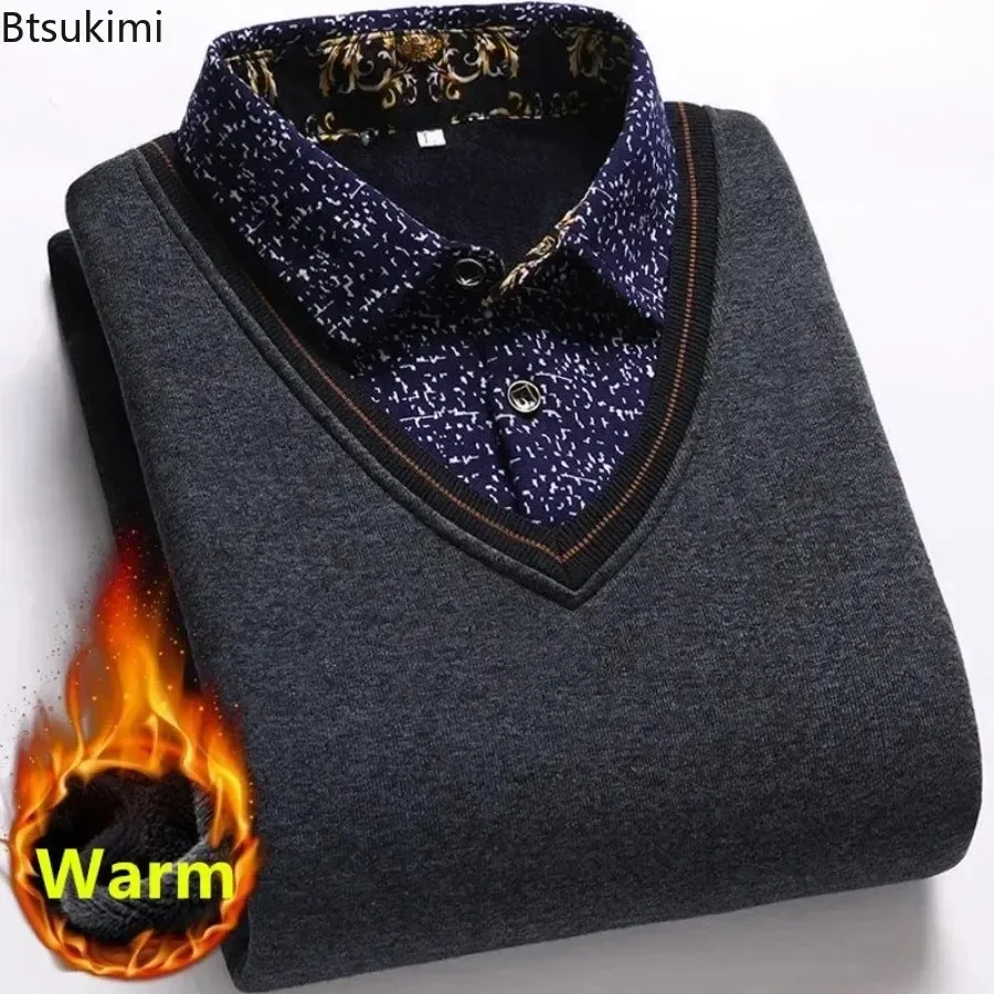 

New Autumn Winter Men's Fake Two Knitted Sweater Fashion Plush Thickened Embroidered Shirt Collar Pullover Male Solid Warm Tops