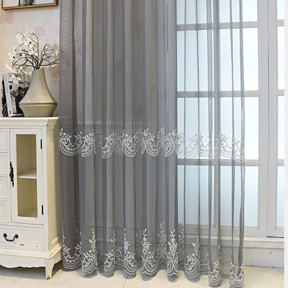 Luxury European Embroidered Sheer Curtain, Elegant Window Drapes for Living Room & Balcony, Sunlight Blocking Heat Insulation Sh