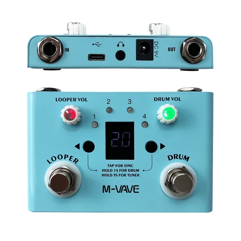 M-VAVE Lost Tempo V2 Drum Machines Guitar Effect Pedal Looper Effector 30 Drums 11 Mins Recoding Time High Precision Tuner Pedal