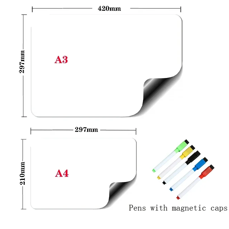 Flexible Magnetic Whiteboard Stickers A3+A4 with Erasable Markers Refrigerator Memo Board for Kitchen Grocery List