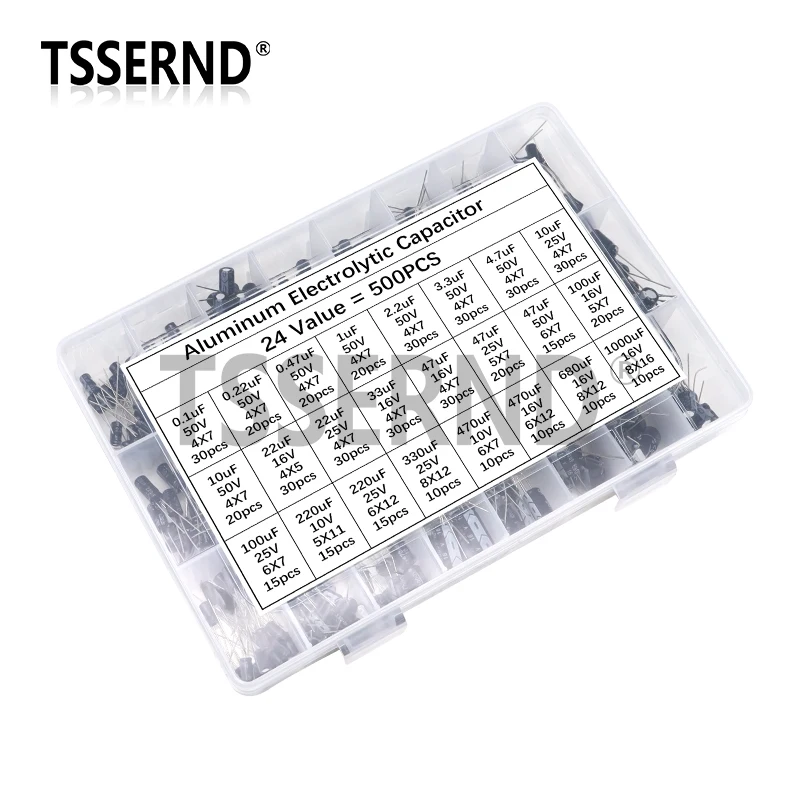 500Pcs/lot 0.1UF-1000UF 24Values 16V-50V Mix Aluminum Electrolytic Capacitor Assorted Kit And Storage Box