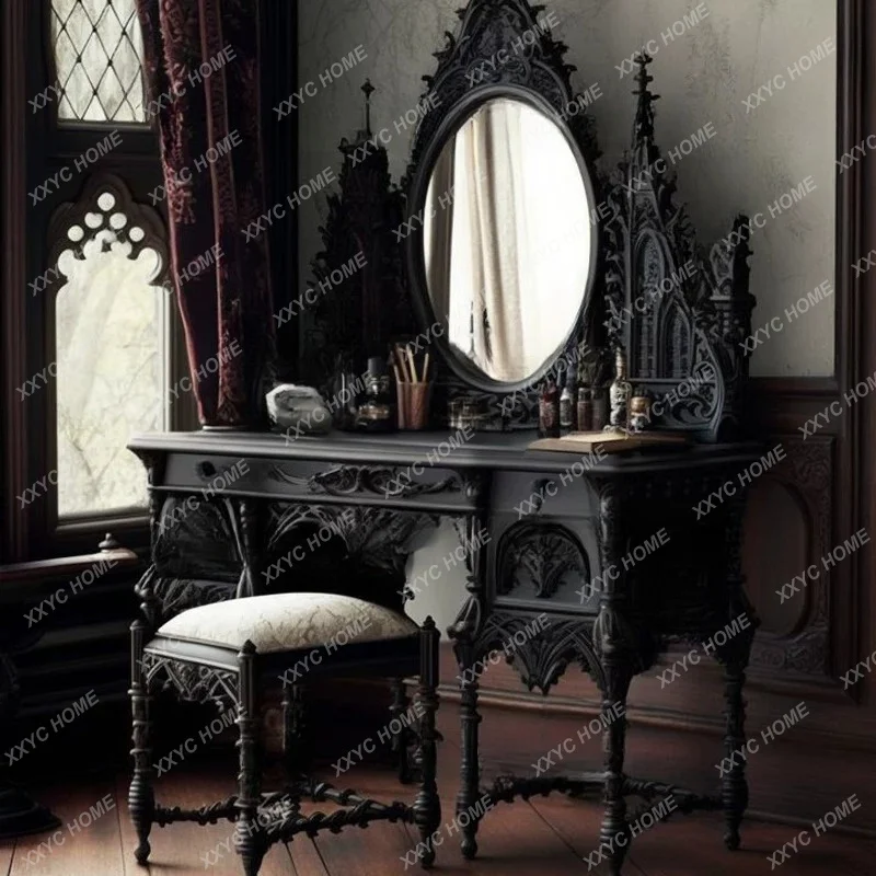 Palace Black Vanity Table Retro Bedroom Solid Wood Dressing Table Castle Handmade Vanity Set