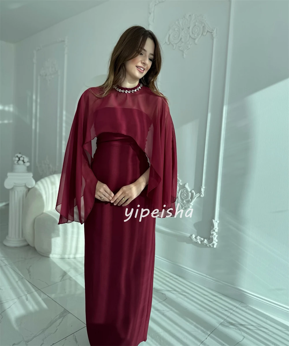 Personalizado elegante simples jérsei strass plissado em linha reta colher pescoço tornozelo comprimento vestidos sob medida ocasião vestidos formal retro