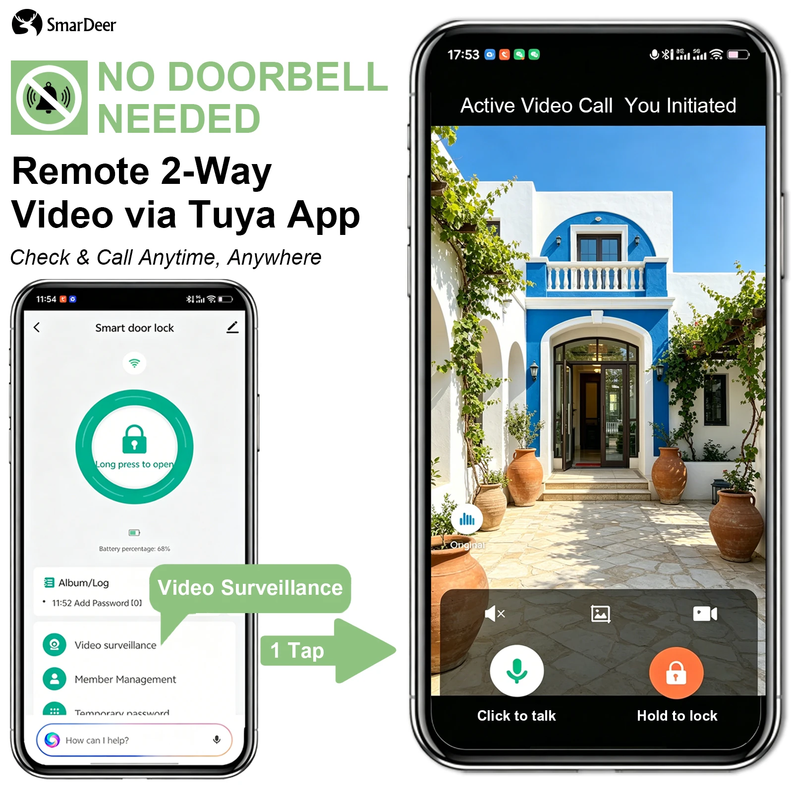 SmarDeer Keyless Smart Lock IP66 Waterproof 3D Face & Palm Vein Recognition Tuya App Remote Video Call Front Door Security Elect