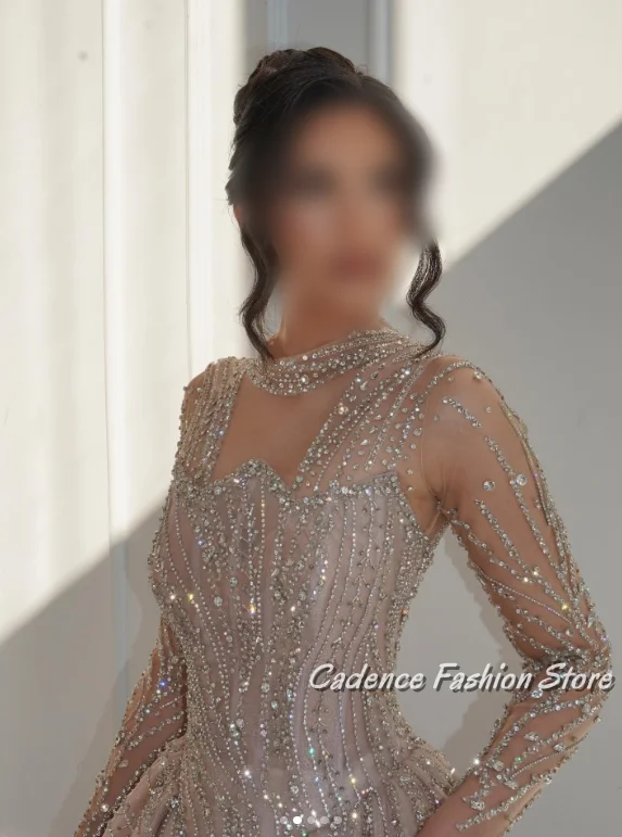 Customized Gorgeous Sparkling Evening Dresses Middle East Women's Chest Hollow Tulle Long Sleeve Rhinestones A-Line Dresses Luxu