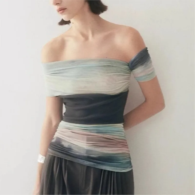 

Johnature New Sleeveless Smudged Mesh Panels 2025 Summer Contrasting One-shoulder Fashion Slim Simple Women Blouses