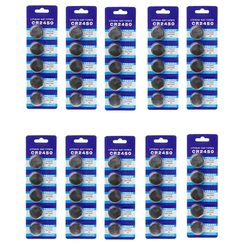 

50PCS/10 Cards 3V CR2450 KCR2450 5029LC LM2450 CR 2450 Lithium Button Coin Cell Battery For Watch Toys Remote Car Keys