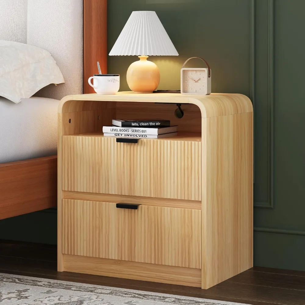 

24" Fluted Nightstand, Curved Profile Design, Modern Bedside Cabinet for Bedroom Living Room, Natural Oak