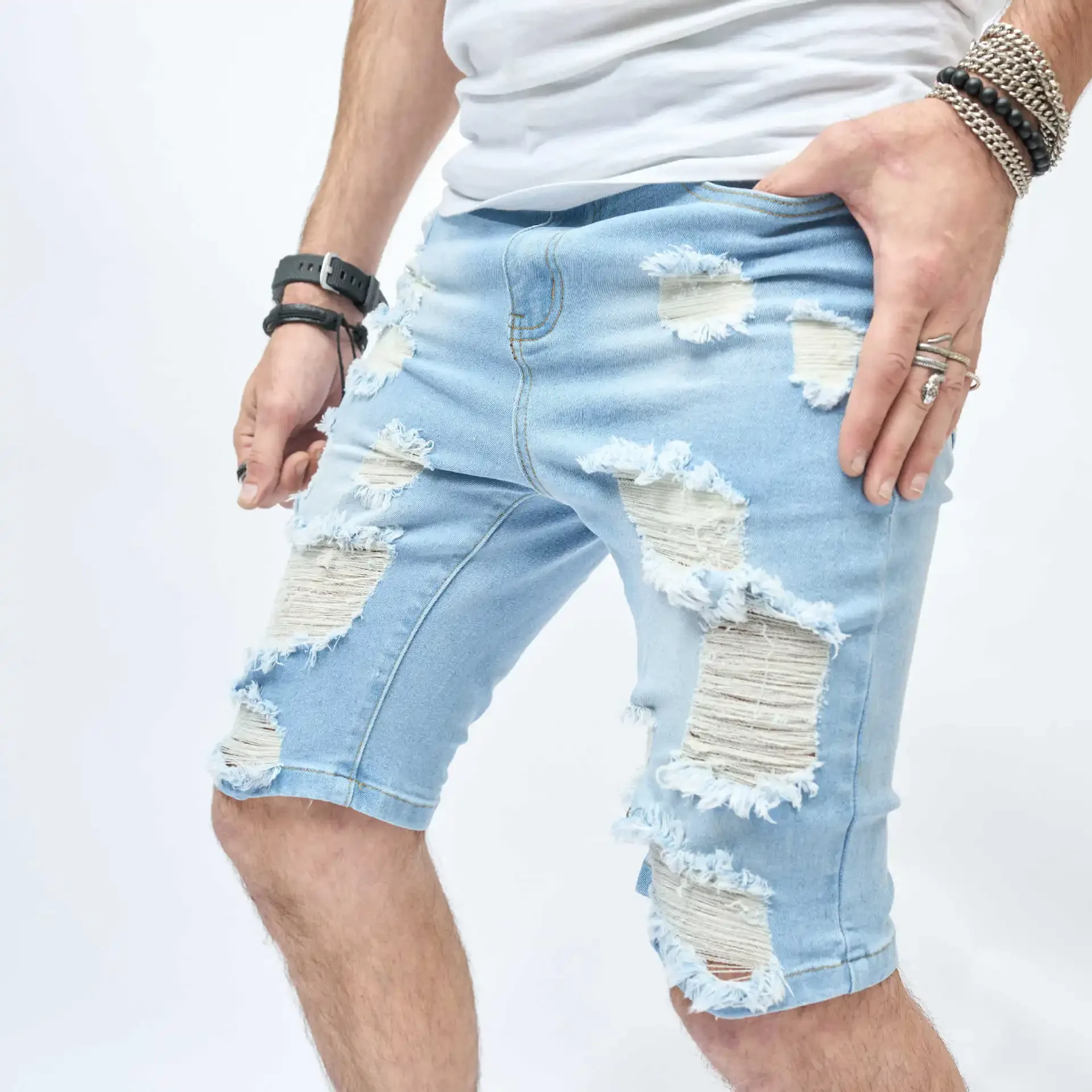 

Men Summer Streetwear Slim fit Ripped Denim Shorts Stylish Holes Solid Casual Straight Jeans Male Five-point Pants