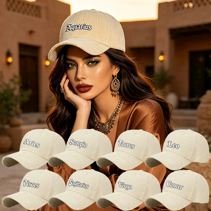 12 Zodiac Signs Corduroy Baseball Cap, Adjustable Unisex Casual Hat, Perfect For Festival, Daily Wear, Fashion Accessory Gift