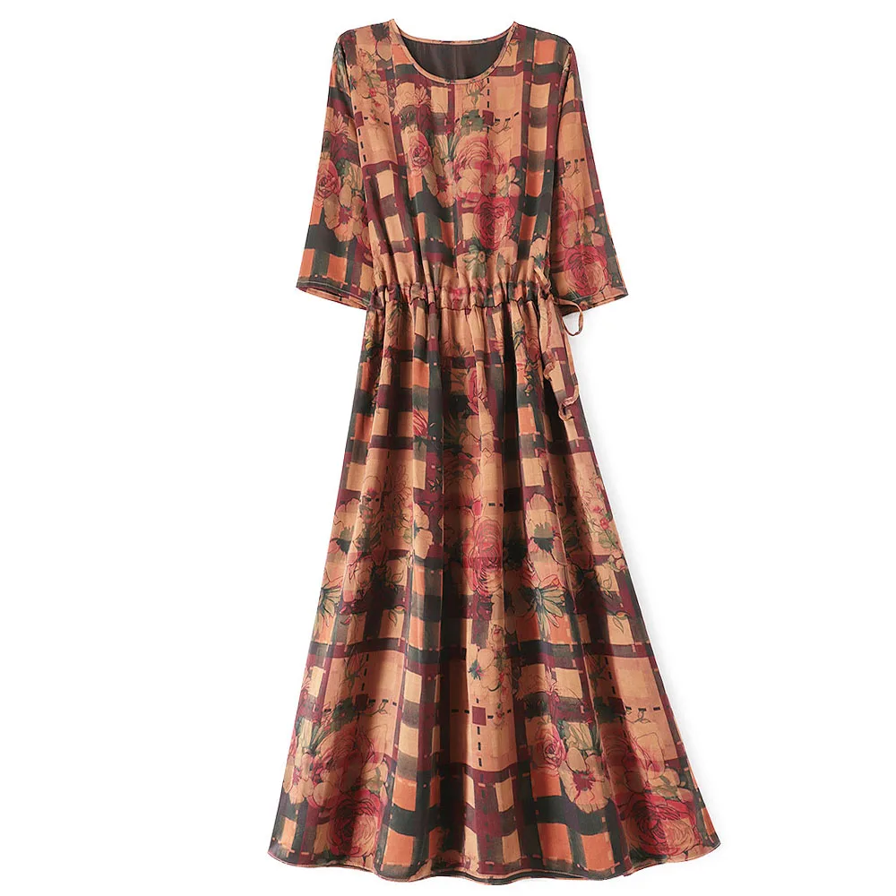 Women's Fashion Autumn New 100% Natural Mulberry Silk Gambiered Guangdong Gauze Round Neck Half Sleeve Drawstring Printed Dress