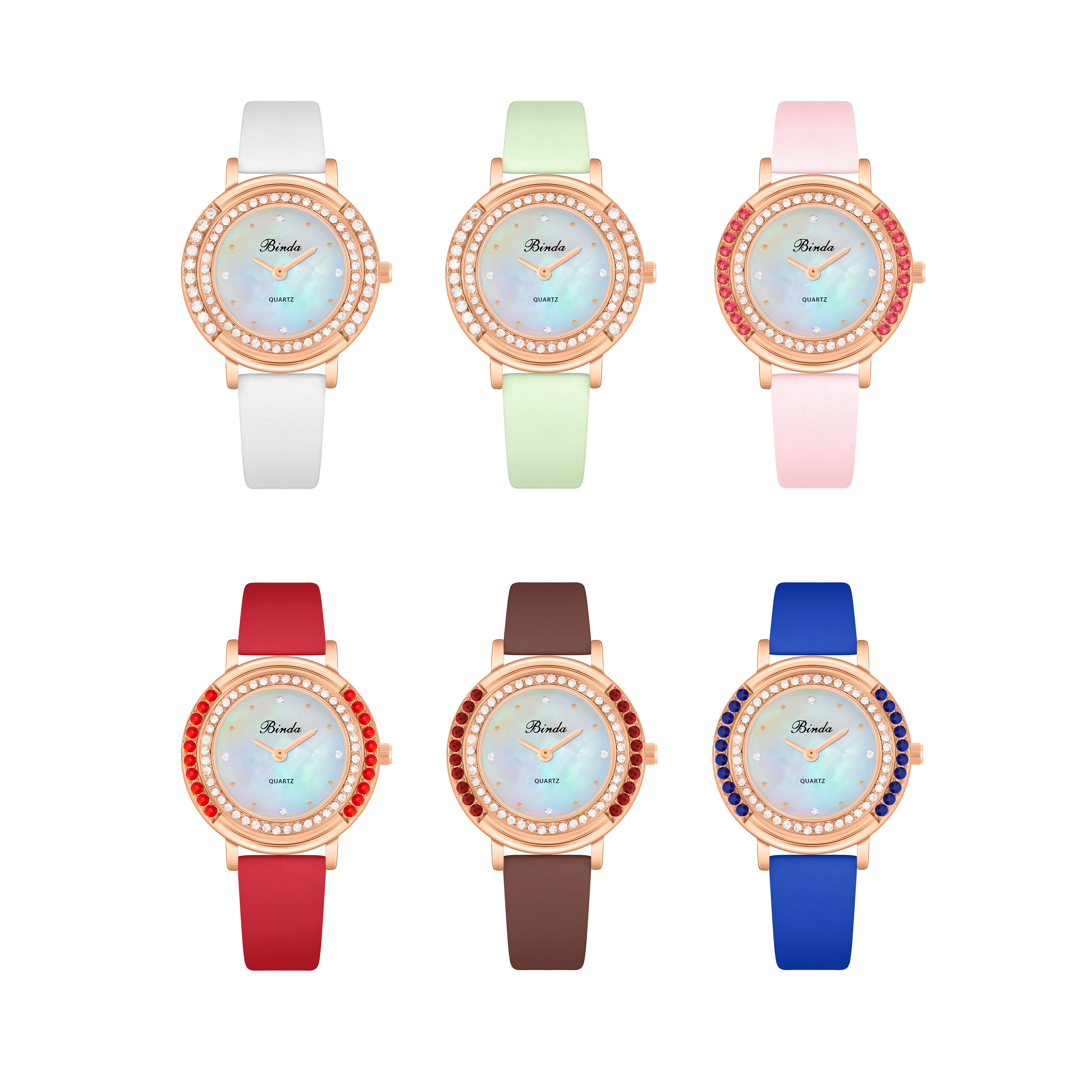 Binda Original Diamond Dial Women's Quartz Watch, Elegant Fashion Design with Leather Strap