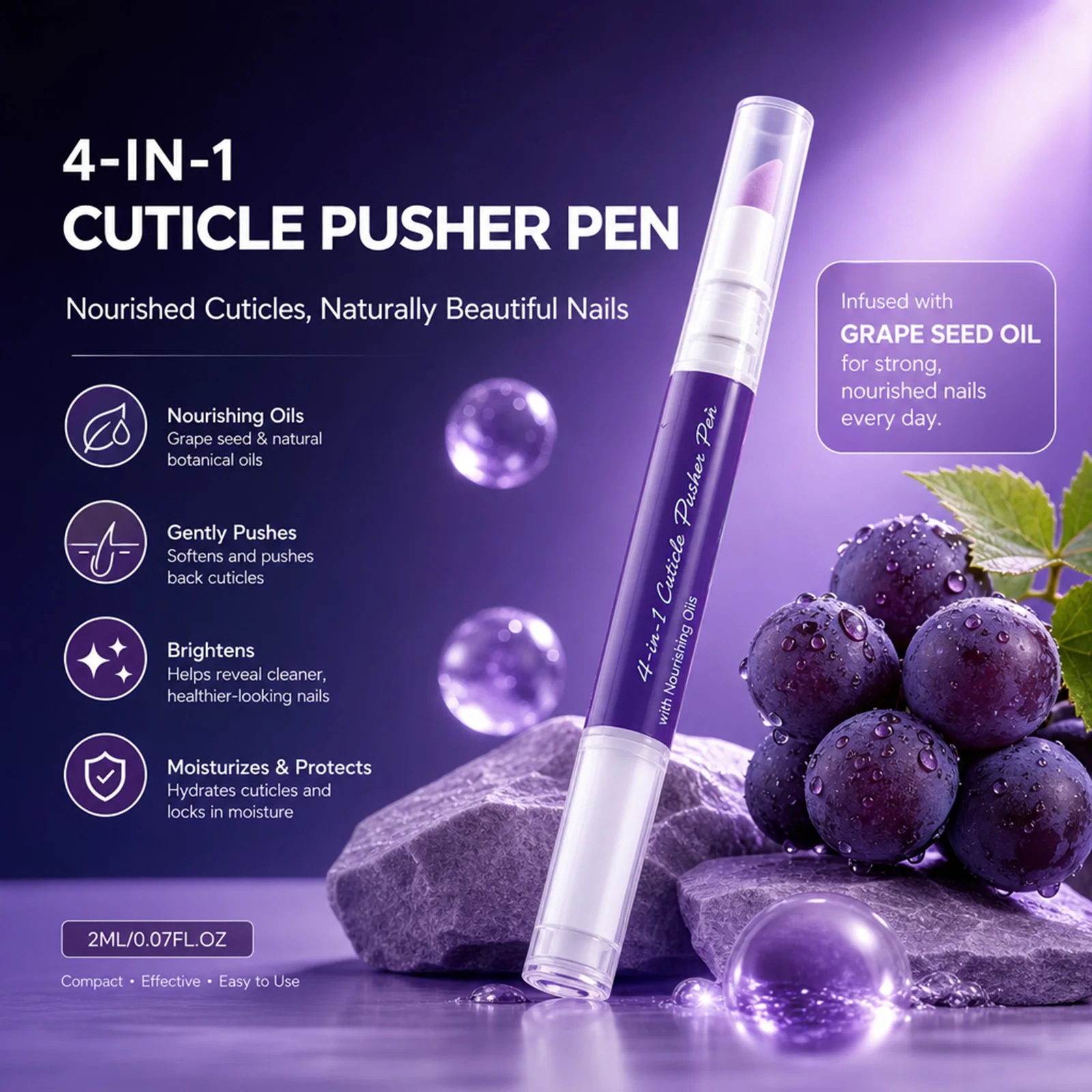 4‑in‑1 Cuticle Pusher Pen Nourishing Cuticle Oil Pen with Jojoba Lavender Grape Extract Precise Portable Nail Care Pen