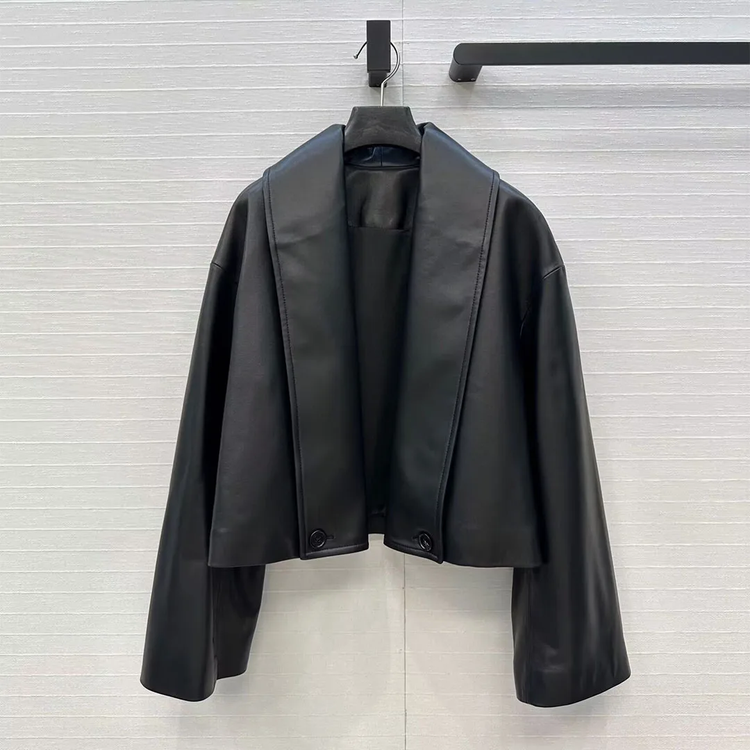 Luxury 100% Sheepskin Leather Black Short Design Coat Women Big Lapel Wide Long Sleeve Solid Chic Elegant Novelty Autumn Jacket