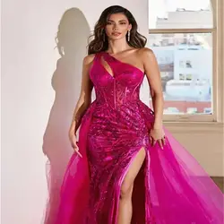 Rose Red Mermaid Shiny Sequin Luxury Long Evening Dresses Saudi Dress Gala Woman customized Party Galas Prom Formal Occasion