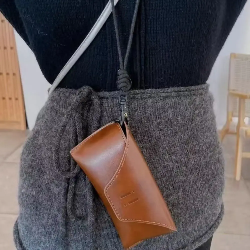 Solid Color PU Leather Glasses Bag Anti-Fall Sunglasses Pouch Glasses Storage Bag Hanging Neck Eyewear Protector Case